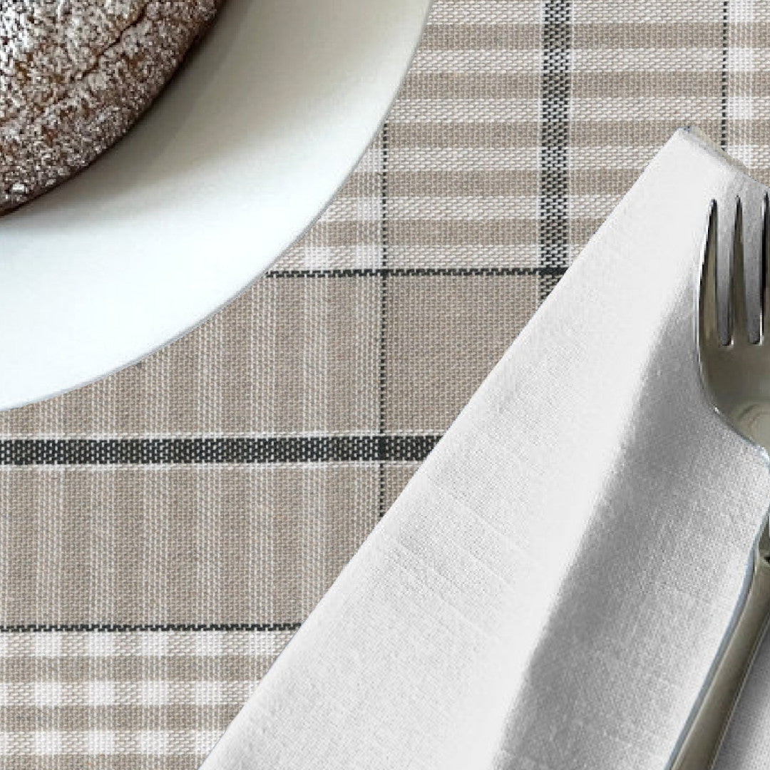 Grå Nordisk Olmer Rute – Akrylduk i rustikk hørlook, nærbilde