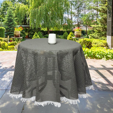 Rustikal, rund sommerduk til hagebordet – grå med frynser, Ø 160 cm