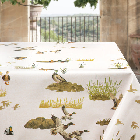 Gråender i Mosen – voksduk med naturmotiv i jaktstil, hjørne