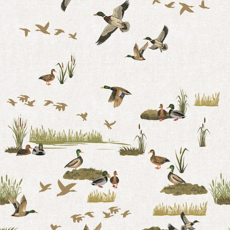 Gråender i Mosen – voksduk med naturmotiv i jaktstil