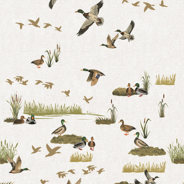 Gråender i Mosen – voksduk med naturmotiv i jaktstil