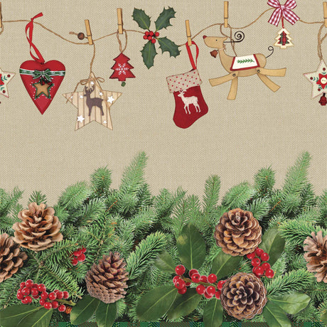 Gran og kongler – lys julevoksduk med flott stofflook