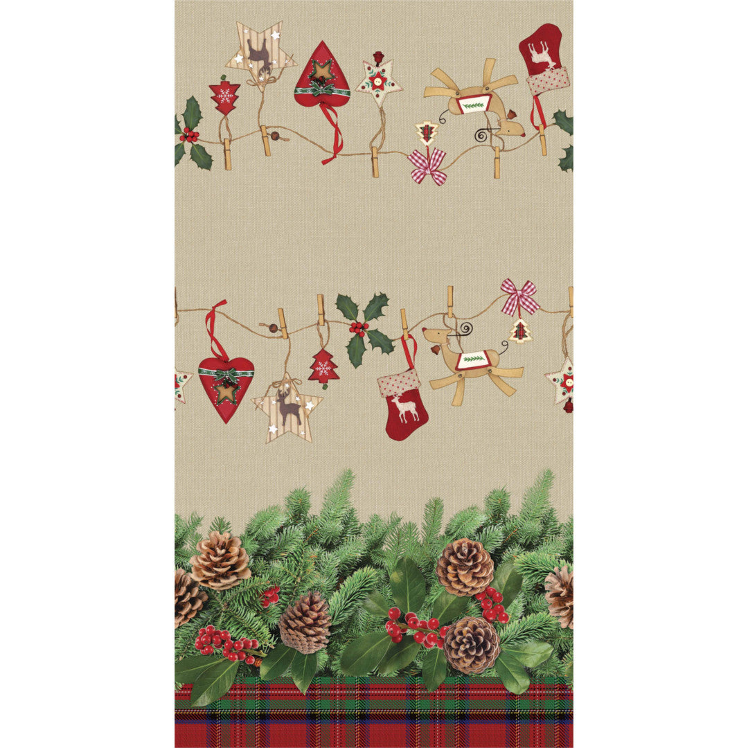 Gran og kongler – lys julevoksduk med flott stofflook