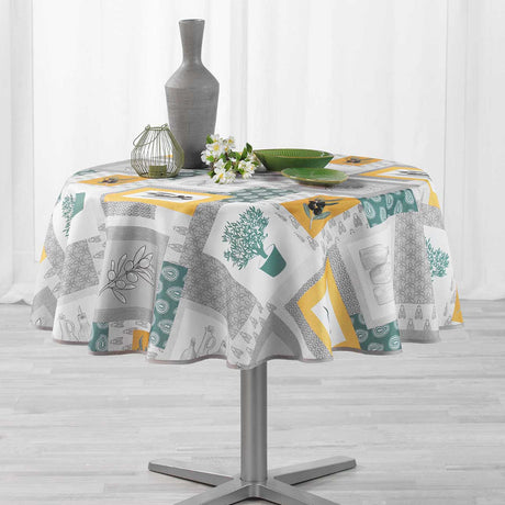 Graziella Yellow/Green, Ø 180 cm, rund bordduk med flekkavvisende behandling