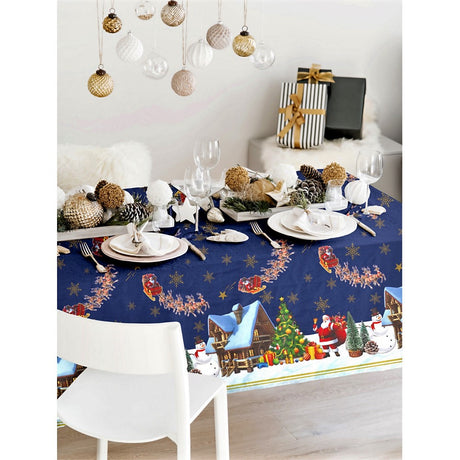 Grignols Blå – Festlig julevoksduk med julenissen og snømenn