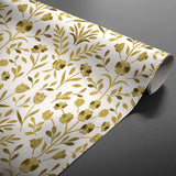 Rullet Guldflor voksduk med gullblomster på hvit bakgrunn