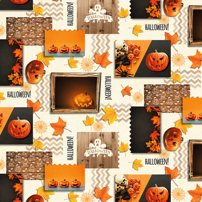 Halloween, voksduk med spøkelser, spindelvev, gresskarhoder