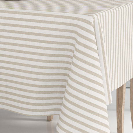 Hjørnebilde av Aria Beige, voksduk med striper i hørlook
