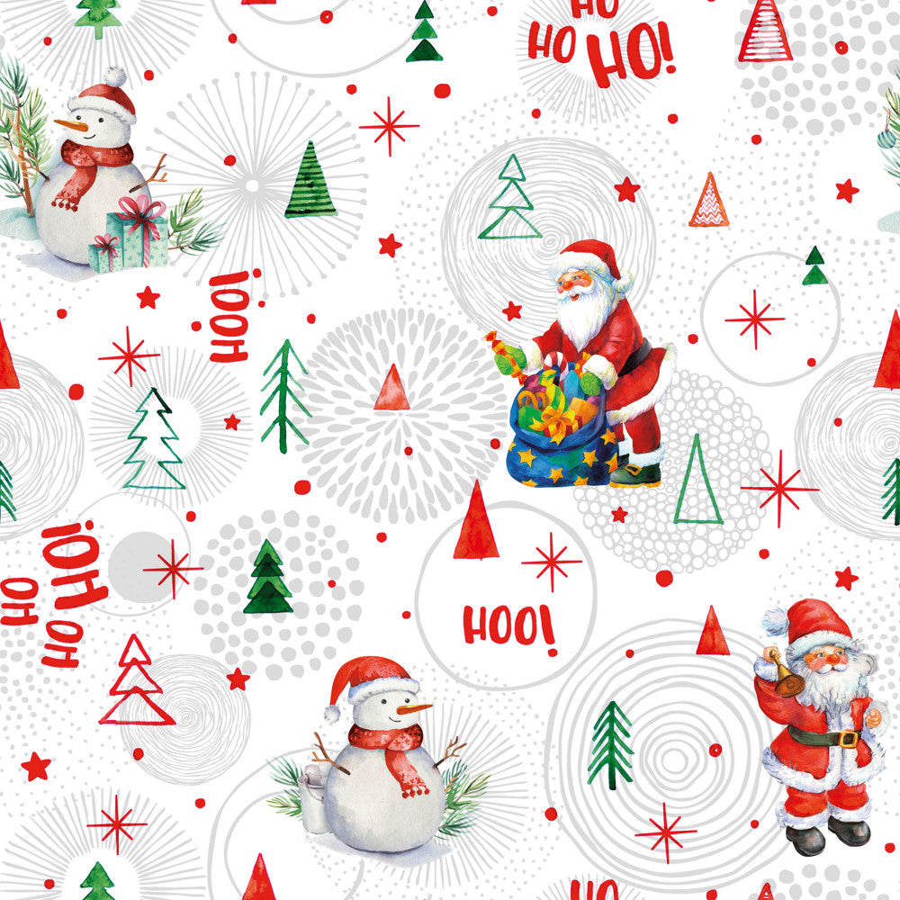 Ho Ho Ho Grå – julevoksduk med Julenissen og snømenn