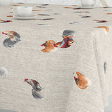 Nærbilde av akrylduk med linlook og vakre akvarellmalte høner, 160 cm