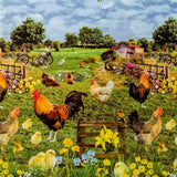 Hønsegården, voksduk med høner, kyllinger og hane