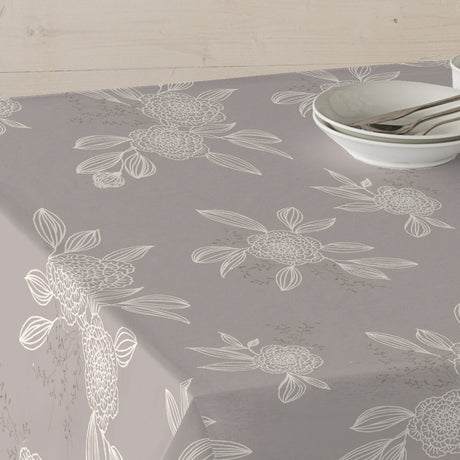 Japondi Mørk Beige – Akrylduk med hvite strekblomster