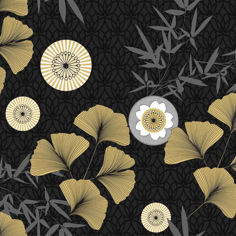 Japonica Black - Voksduk med vakre ginkgo biloba-blader i gull