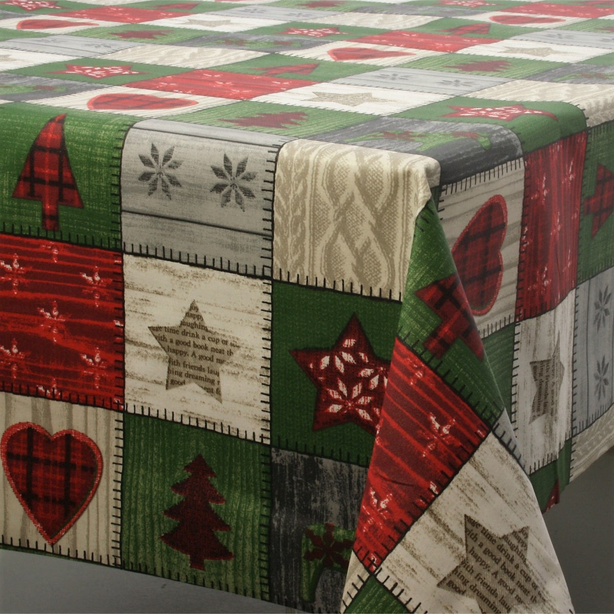 Juleduk Scandy, akrylduk med julemotiver i ruter – 155 cm bred