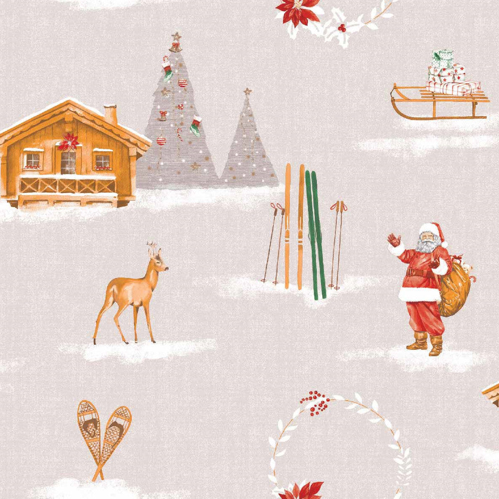 Jul På Fjellet Beige - Julevoksduk med fjellhytte, ski og julestemning