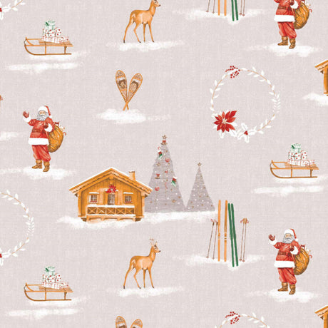 Jul På Fjellet Beige - Julevoksduk med fjellhytte, ski og julestemning