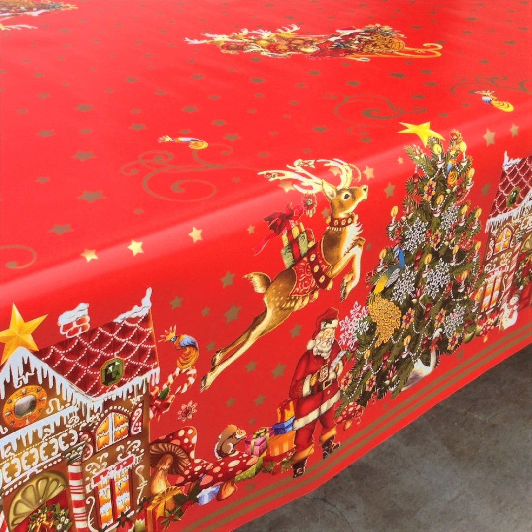 Jul i Kakehuset voksduk sett fra siden med reinsdyr og julenissens slede