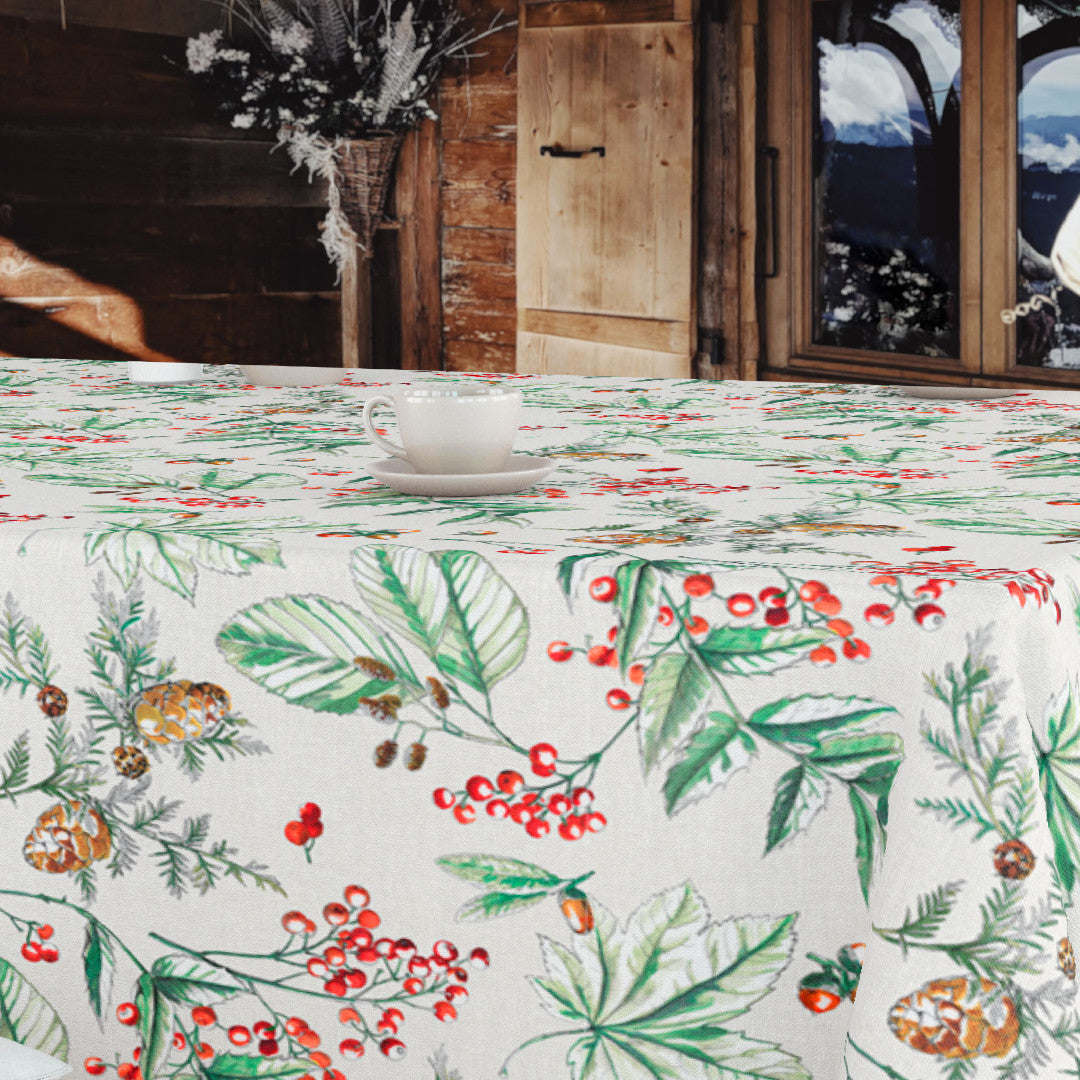 Voksduk med grønne blader, kongler og røde bær, miljø