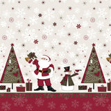 Julevoksduk med julenisser, snømenn og juletrær