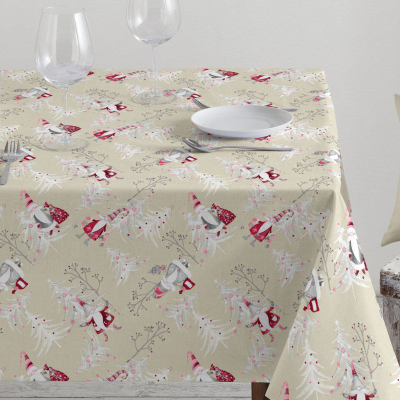 Juleduk - akrylduk - julenisser - juletrær - beige