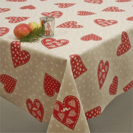 Juleduk, akrylduk med julehjerter og turtelduer i hørlook