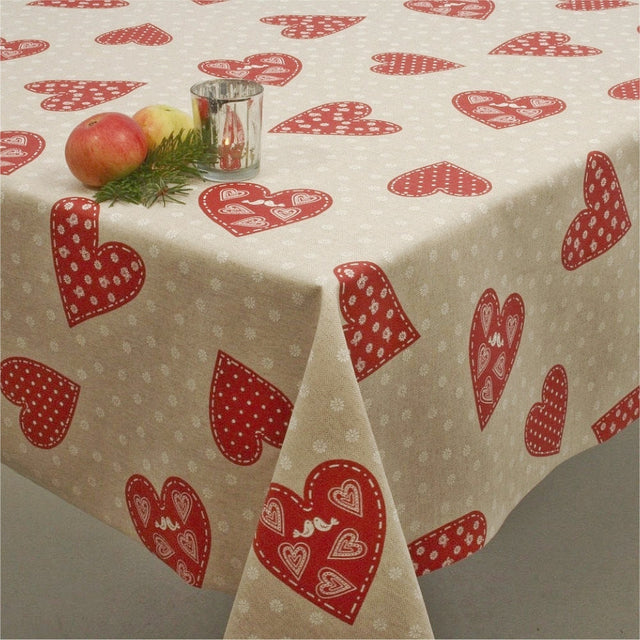 Juleduk, akrylduk med julehjerter og turtelduer i hørlook