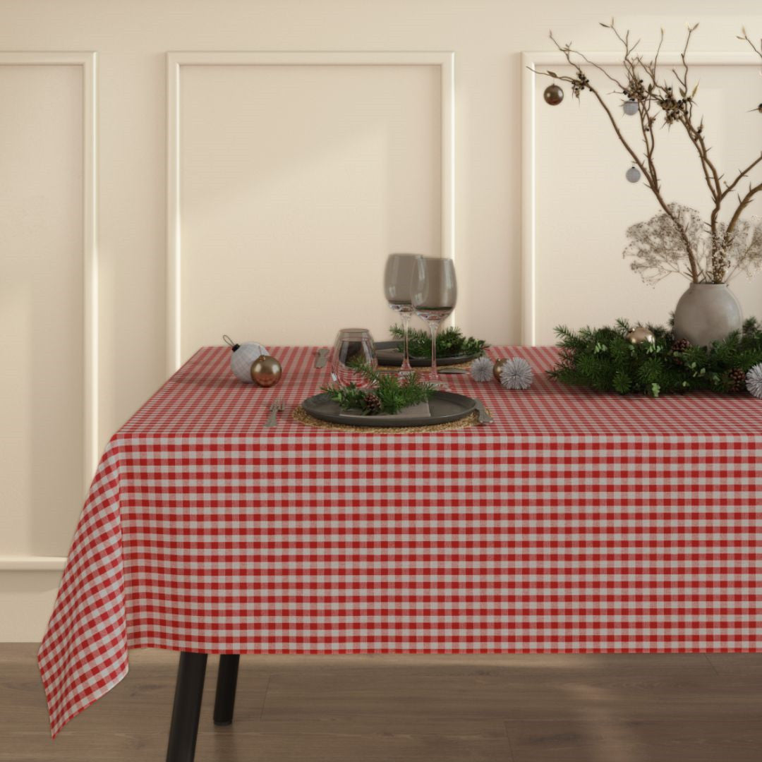 Juletern rød og naturhvit – Rustikk juleduk i linlook med akryl, miljøbilde