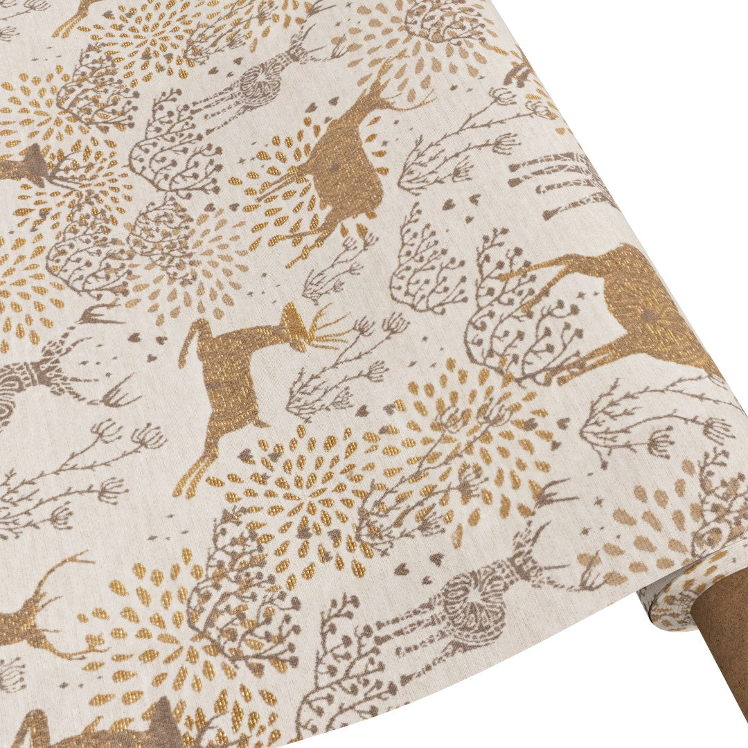 Juleduk Golden Reindeers Natur – Akrylduk i lys natur/gull med reinsdyr og antiskli