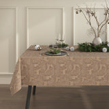 Juleduk Golden Reindeers i sandfarge sett fra siden med elegante gyldne reinsdyrmotiv