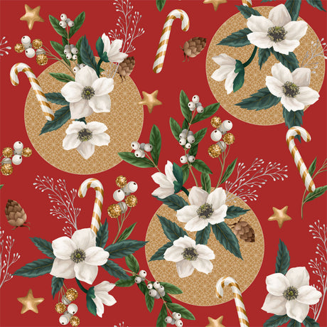 Julerosen Rød - Julevoksduk med hvite juleroser