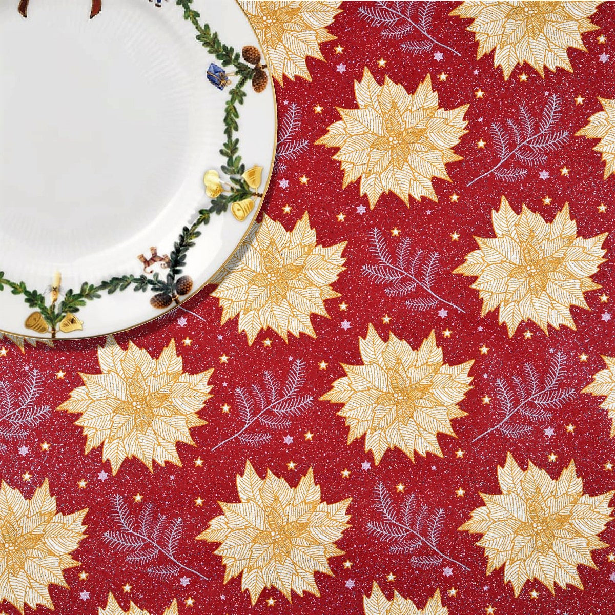 Julestjerne Rød - Juleakrylduk med julestjerner, gran og glitter