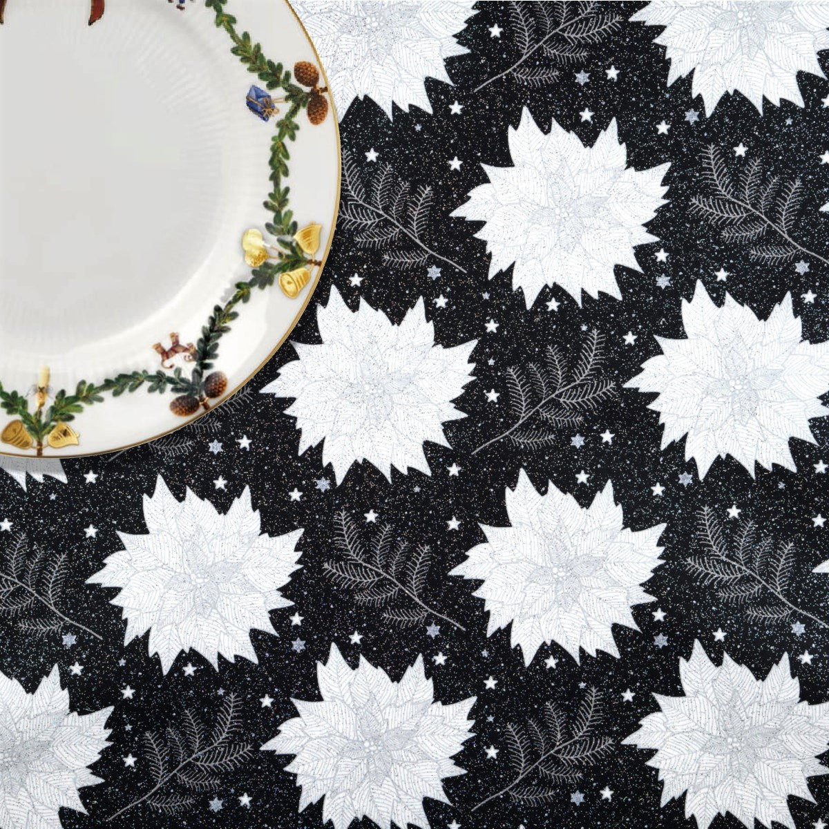 Julestjerne Sort - Juleakrylduk med julestjerner, gran og glitter