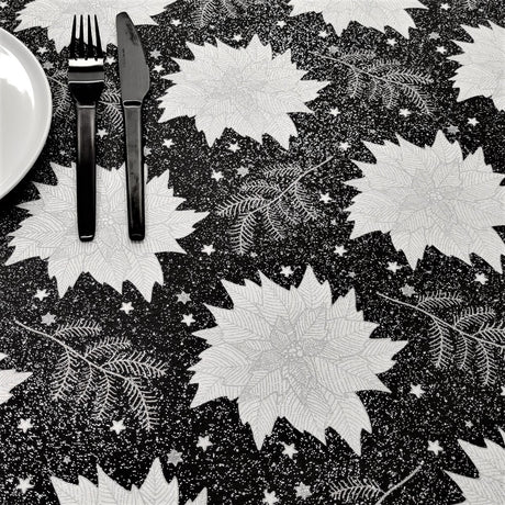 Julestjerne Sort - Juleakrylduk med julestjerner, gran og glitter, 155 cm bred