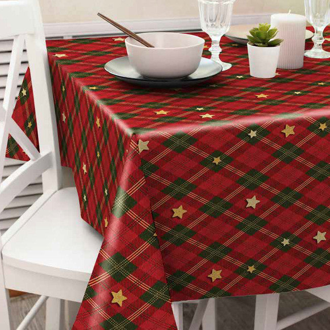 Juleruter Rød/Grønn – flott rutet julevoksduk med gullstjerner