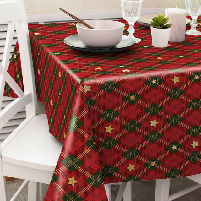 Juleruter Rød/Grønn – flott rutet julevoksduk med gullstjerner