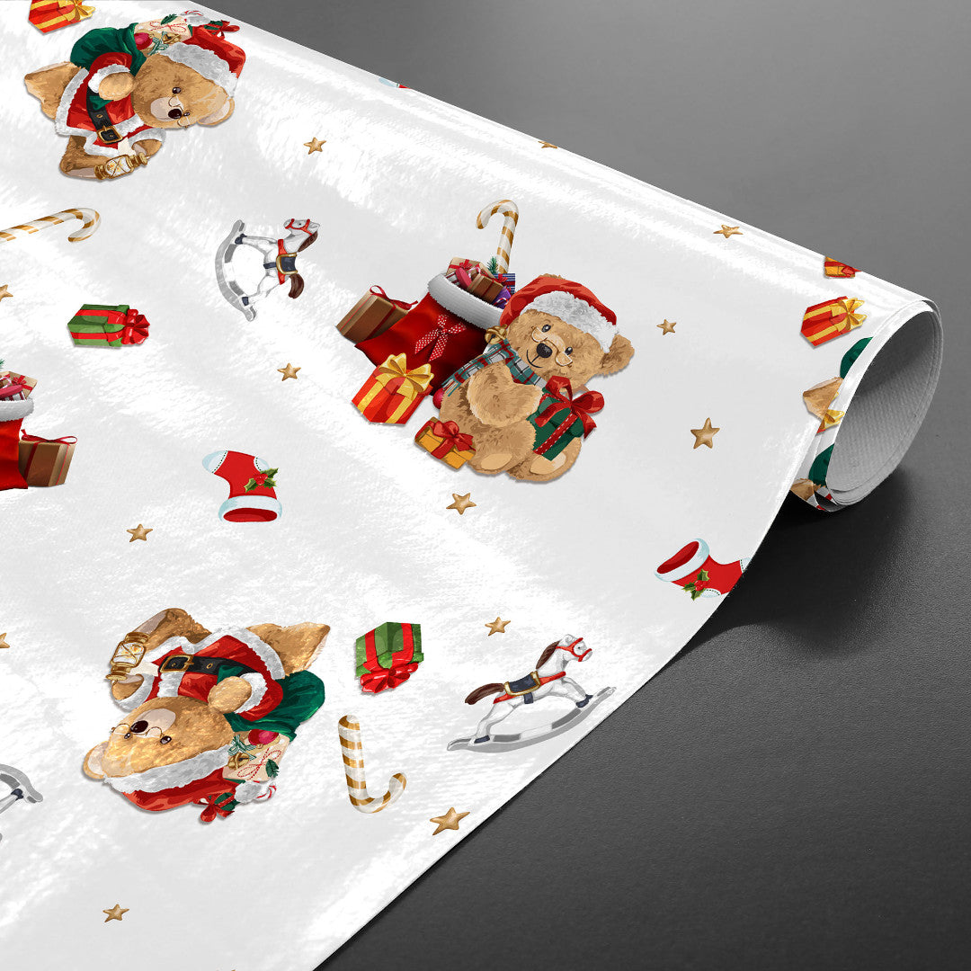 Rullet julevoksduk med bamser og gaver