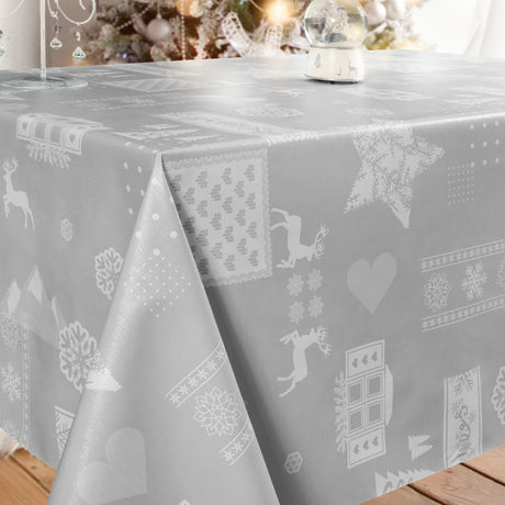 Jul i Alpene, grå – Rund julevoksduk med strikk – Til bord Ø 60 – Ø 130 cm