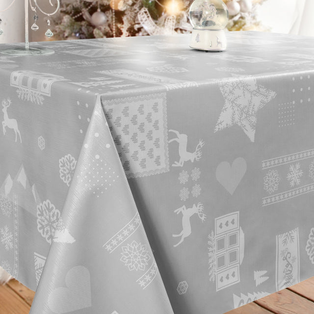 Jul i Alpene, grå – Rund julevoksduk med strikk – Til bord Ø 60 – Ø 130 cm