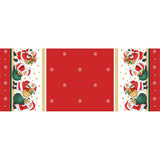 Julenissen med gavene - Rød julevoksduk med julenisser