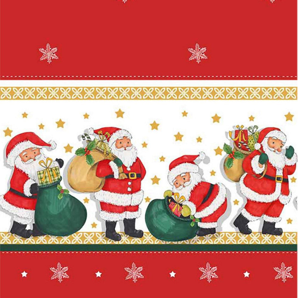 Julenissen med gavene - Rød julevoksduk med julenisser