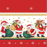 Julenissen med gavene - Rød julevoksduk med julenisser