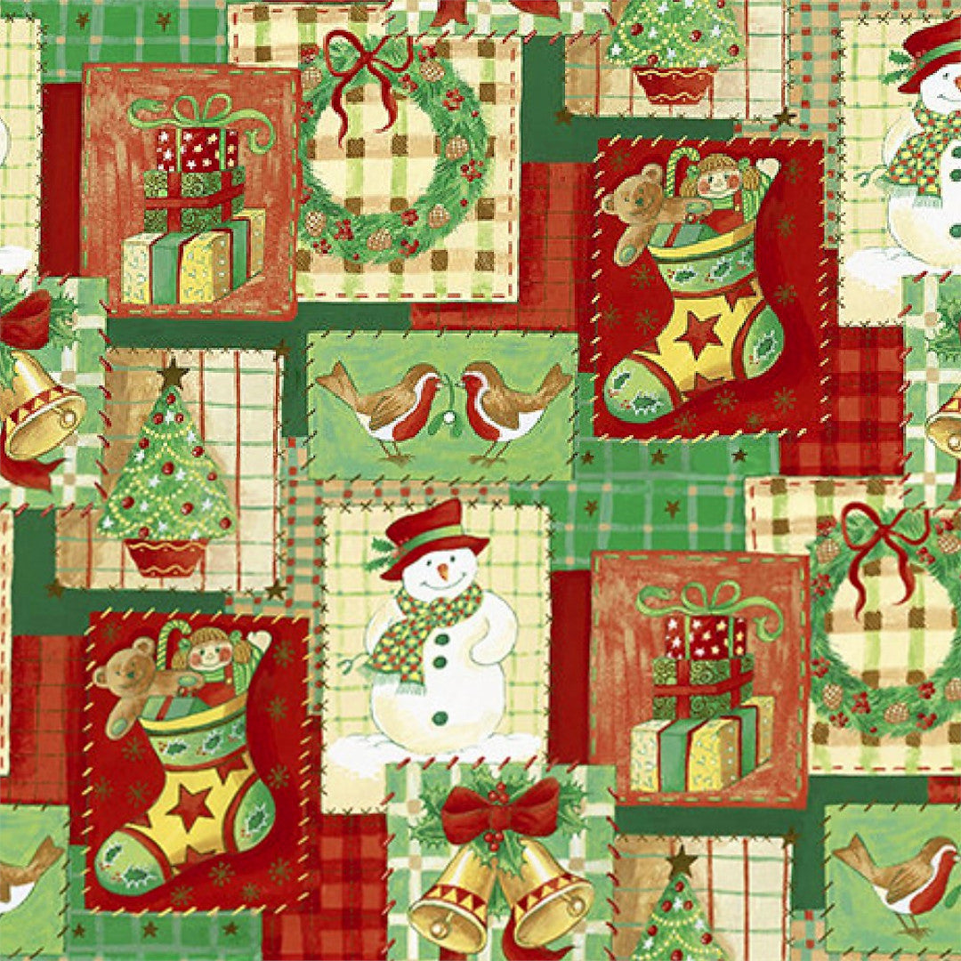 Julevoksduk med patchwork av julepynt i farger, nærbilde