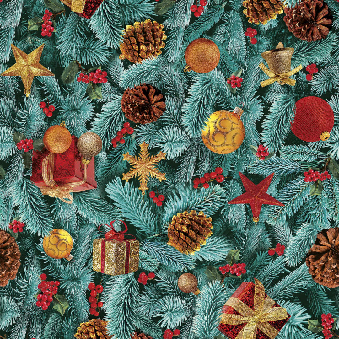 Pyntet gran – julevoksduk med gran og juletrepynt