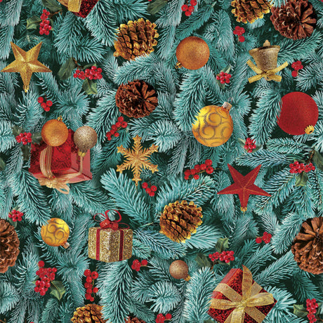 Pyntet gran – julevoksduk med gran og juletrepynt