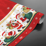 Julenissen med gavene - Rød julevoksduk med julenisser