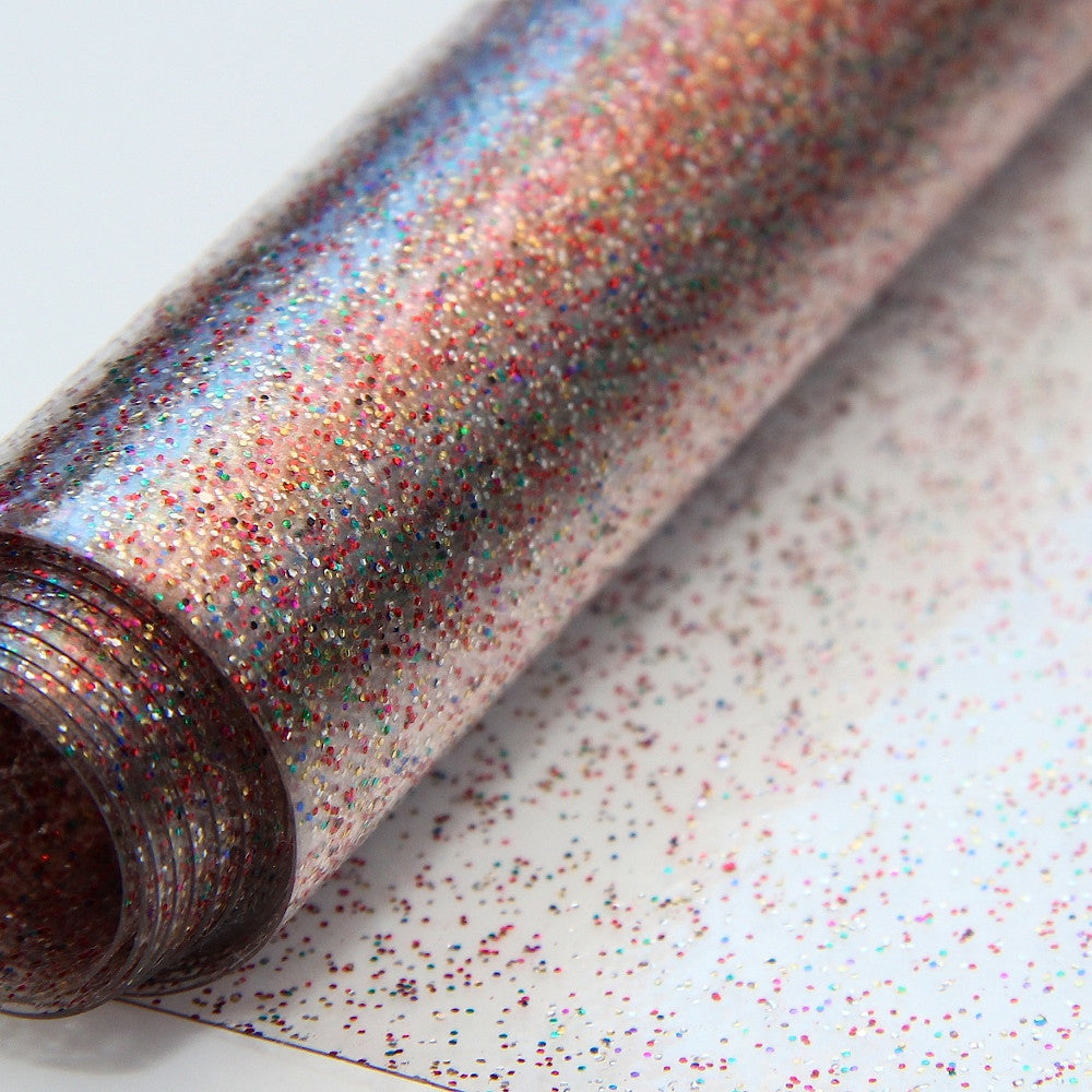 Klar plast Rainbow – Gjennomsiktig voksduk med glitter i mange farger