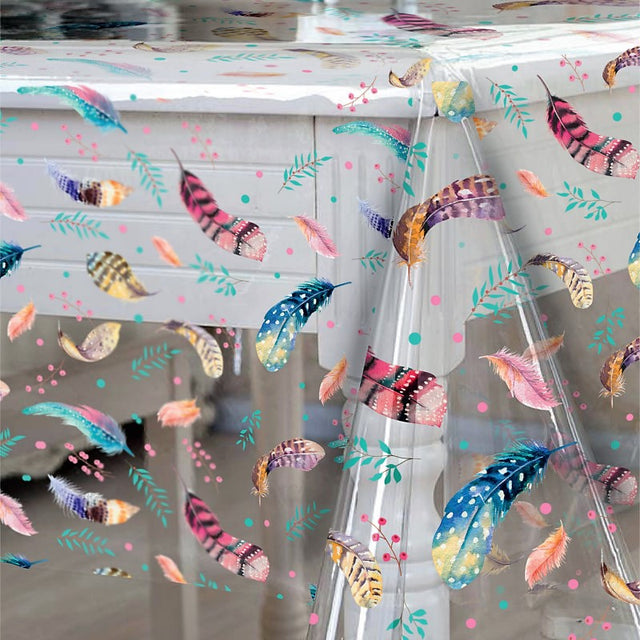 Fargerike Fjær, klar plastduk – Gjennomsiktig voksduk med trykk