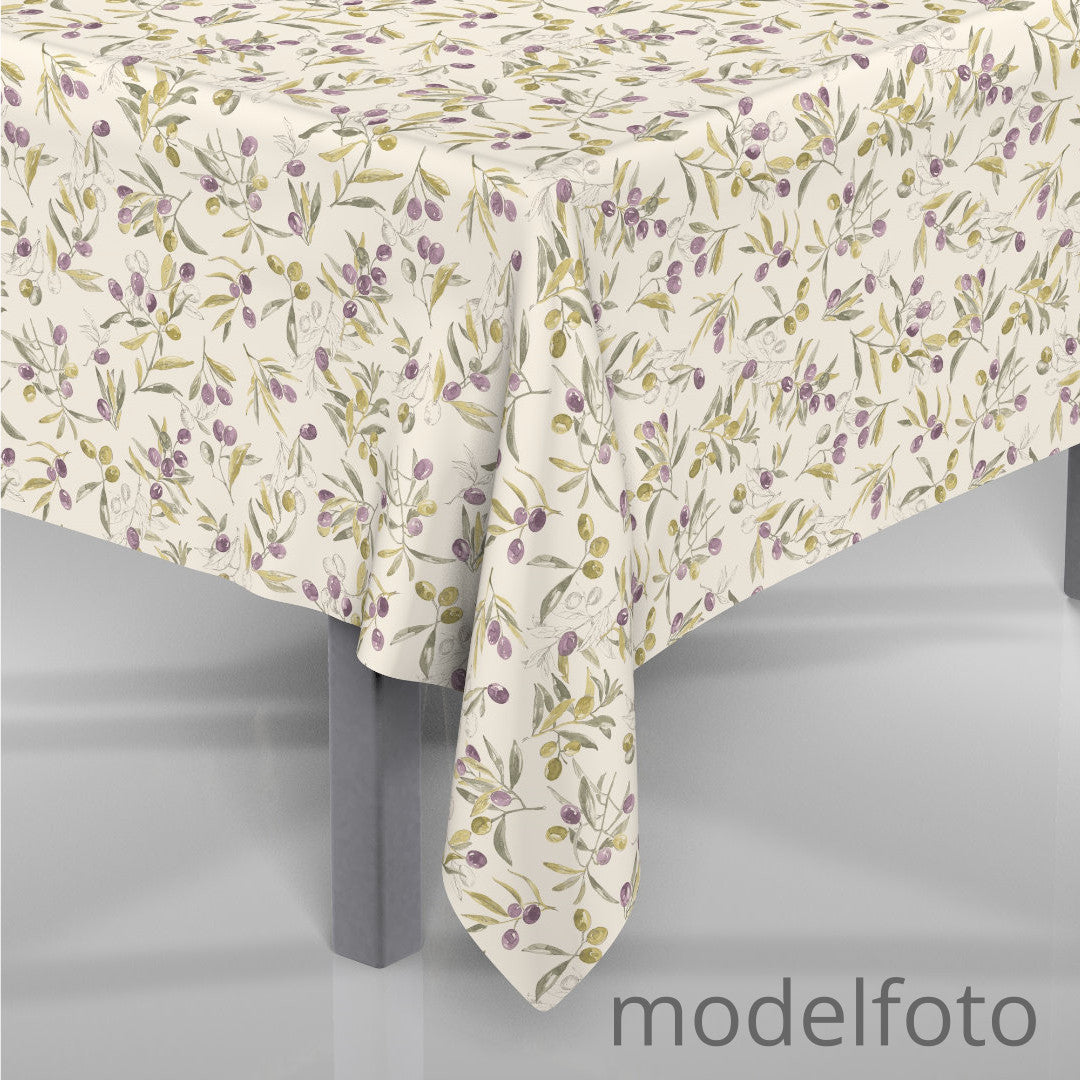 L’oliveto – Akrylduk i hørlook med grønne og svarte oliven på gren