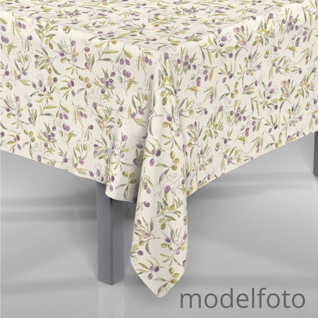 L’oliveto – Akrylduk i hørlook med grønne og svarte oliven på gren