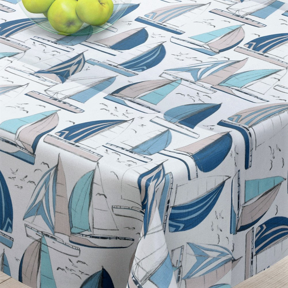 Larmor - Akrylduk med små blå skuter - 155 cm bred